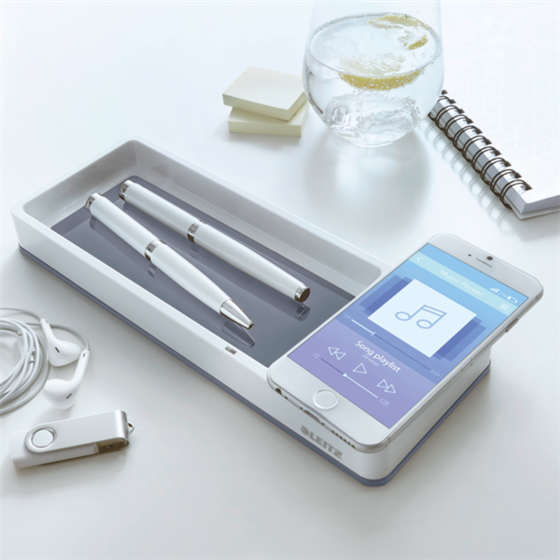 Organizador de escritorio WOW de Leitz con cargador inalámbrico Blanco