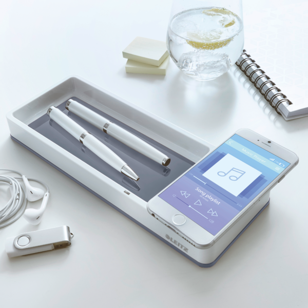Organizador de escritorio WOW de Leitz con cargador inalámbrico Blanco