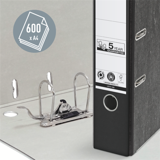 Archivador De Palanca Leitz 180° Clásico Jaspeado, Co2 Compensado, Cartón 100% Reciclado Negro A4 Lomo: 80 Mm.