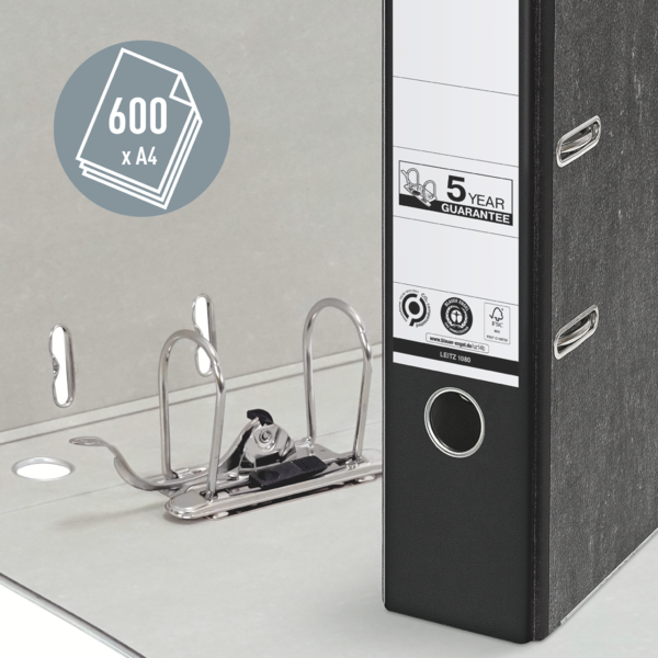 Archivador De Palanca Leitz 180° Clásico Jaspeado, Co2 Compensado, Cartón 100% Reciclado Negro A4 Lomo: 80 Mm.