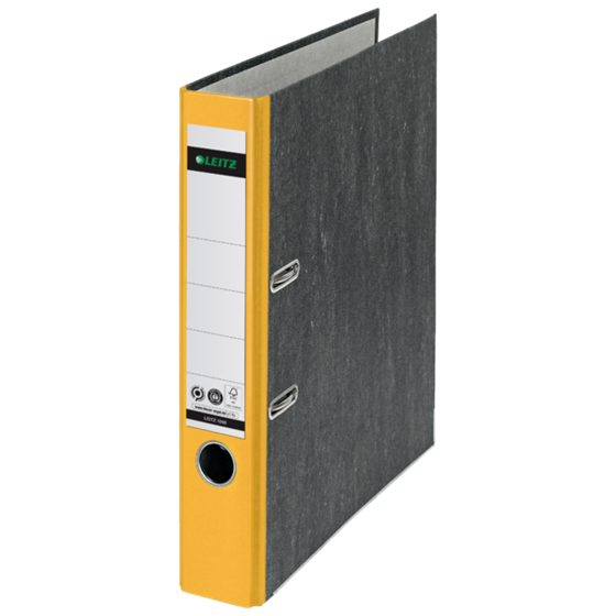 Archivador De Palanca Clásico Jaspeado 180º Leitz, Co2 Compensado, 100% Cartón Reciclado Amarillo