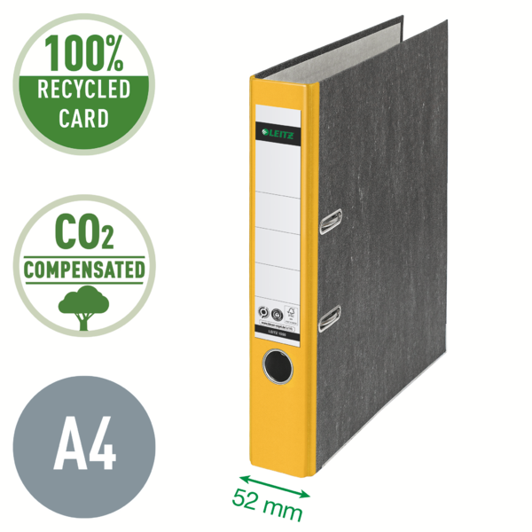 Archivador De Palanca Clásico Jaspeado 180º Leitz, Co2 Compensado, 100% Cartón Reciclado Amarillo