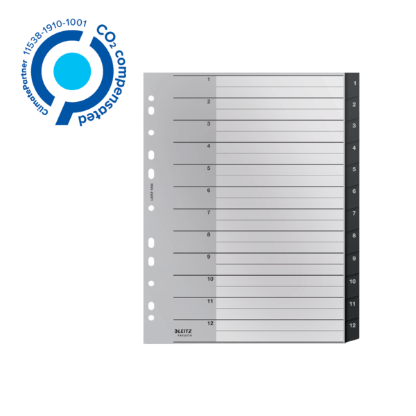 Índice Leitz Recycle, PP, Extra Ancho, Co2 Compensado Negro 1-12 A4 Maxi