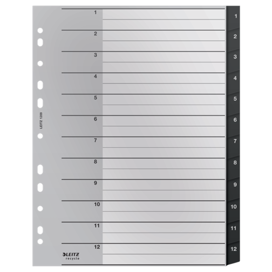 Índice Leitz Recycle, PP, Extra Ancho, Co2 Compensado Negro 1-12 A4 Maxi