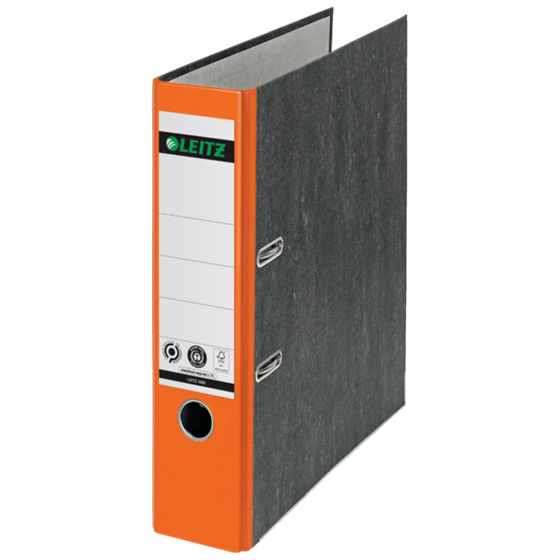 Archivador De Palanca Clásico Jaspeado 180º Leitz, Co2 Compensado, 100% Cartón Reciclado Naranja A4 Lomo: 80 Mm.