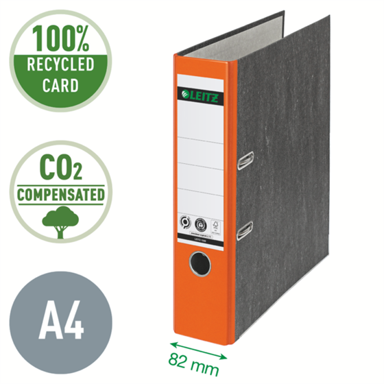 Archivador De Palanca Clásico Jaspeado 180º Leitz, Co2 Compensado, 100% Cartón Reciclado Naranja A4 Lomo: 80 Mm.