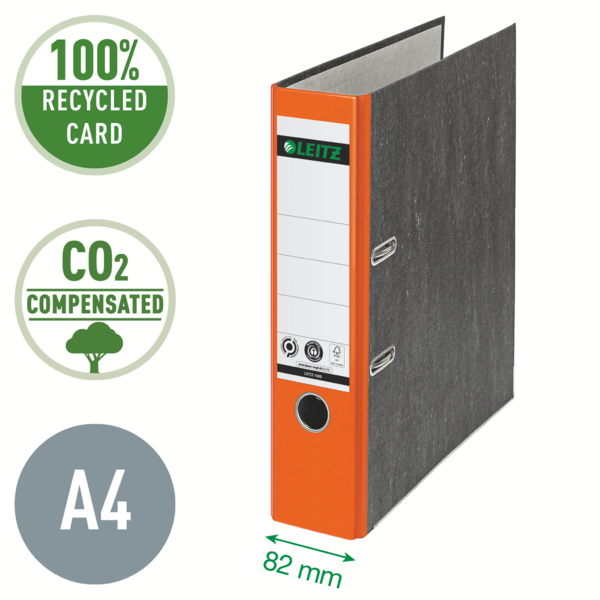 Archivador De Palanca Clásico Jaspeado 180º Leitz, Co2 Compensado, 100% Cartón Reciclado Naranja A4 Lomo: 80 Mm.