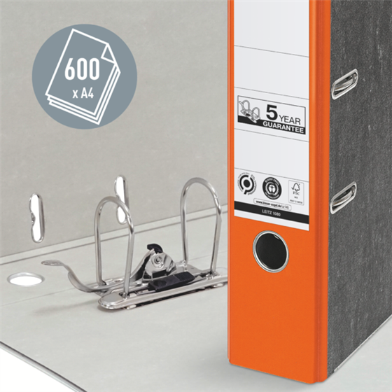 Archivador De Palanca Clásico Jaspeado 180º Leitz, Co2 Compensado, 100% Cartón Reciclado Naranja A4 Lomo: 80 Mm.