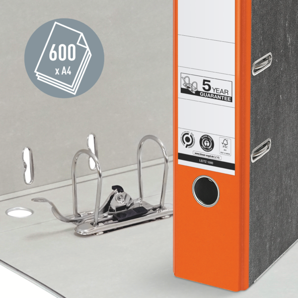 Archivador De Palanca Clásico Jaspeado 180º Leitz, Co2 Compensado, 100% Cartón Reciclado Naranja A4 Lomo: 80 Mm.