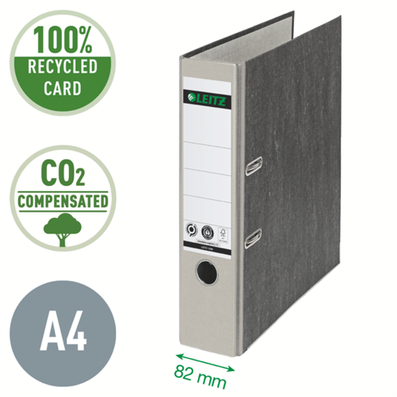 Archivador De Palanca Clásico Jaspeado 180º Leitz, Co2 Compensado, 100% Cartón Reciclado Gris A4 Lomo: 80 Mm.