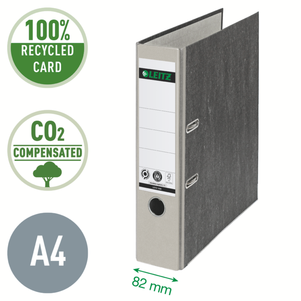 Archivador De Palanca Clásico Jaspeado 180º Leitz, Co2 Compensado, 100% Cartón Reciclado Gris A4 Lomo: 80 Mm.