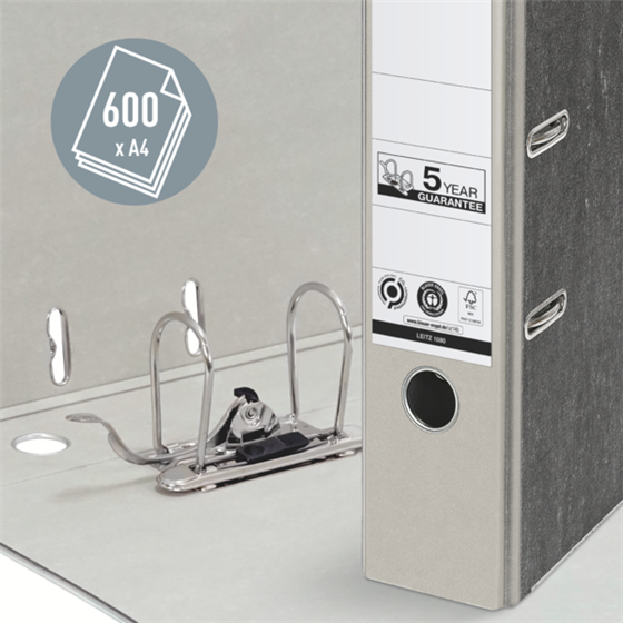 Archivador De Palanca Clásico Jaspeado 180º Leitz, Co2 Compensado, 100% Cartón Reciclado Gris A4 Lomo: 80 Mm.