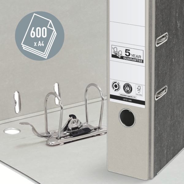 Archivador De Palanca Clásico Jaspeado 180º Leitz, Co2 Compensado, 100% Cartón Reciclado Gris A4 Lomo: 80 Mm.