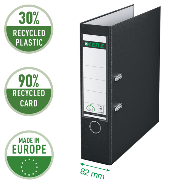 Archivador De Palanca Leitz 180° De Plástico, 90% Cartón Reciclado, 30% Plástico Reciclado Preconsumo Negro A4 Lomo: 80 Mm.