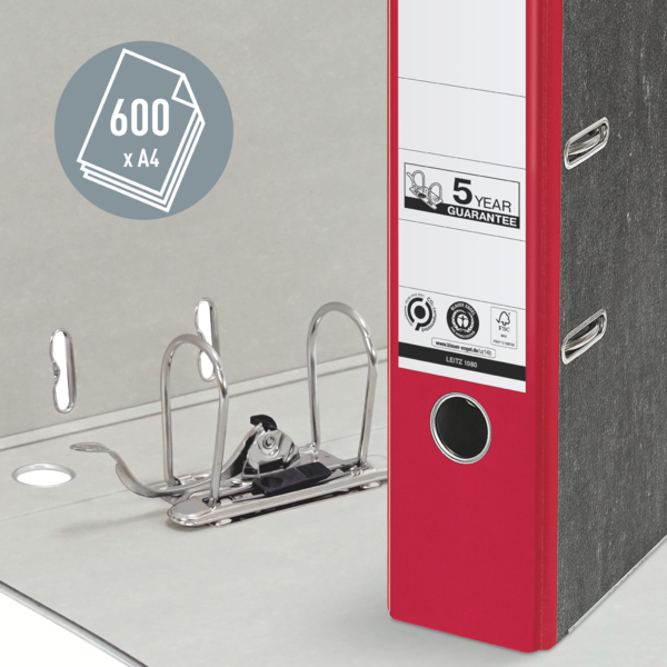 Archivador De Palanca Clásico Jaspeado 180º Leitz, Co2 Compensado, 100% Cartón Reciclado Rojo A4 Lomo: 80 Mm.