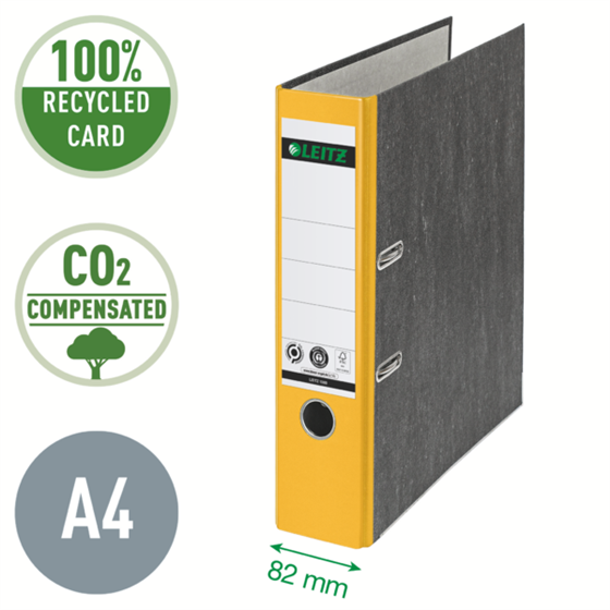 Archivador De Palanca Clásico Jaspeado 180º Leitz, Co2 Compensado, 100% Cartón Reciclado Amarillo A4 Lomo: 80 Mm.