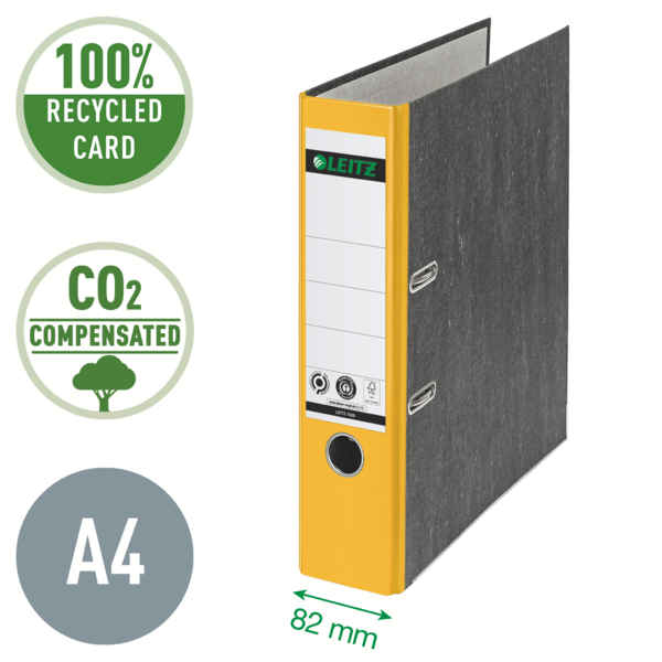 Archivador De Palanca Clásico Jaspeado 180º Leitz, Co2 Compensado, 100% Cartón Reciclado Amarillo A4 Lomo: 80 Mm.