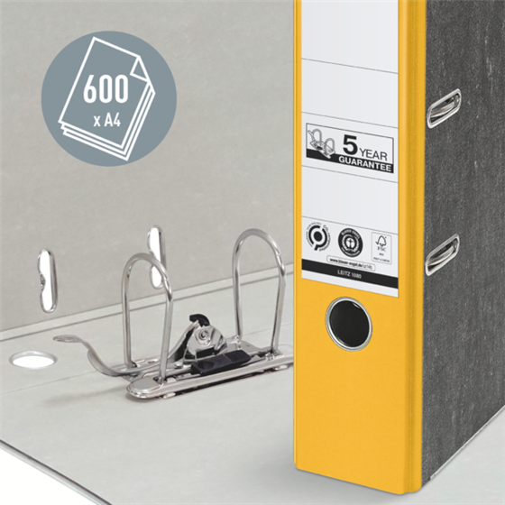 Archivador De Palanca Clásico Jaspeado 180º Leitz, Co2 Compensado, 100% Cartón Reciclado Amarillo A4 Lomo: 80 Mm.