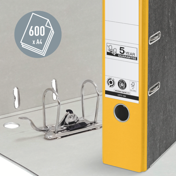 Archivador De Palanca Clásico Jaspeado 180º Leitz, Co2 Compensado, 100% Cartón Reciclado Amarillo A4 Lomo: 80 Mm.