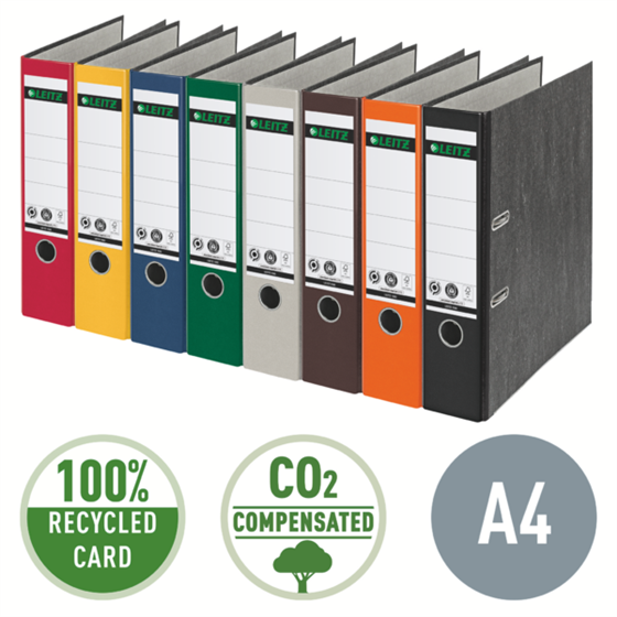 Archivador De Palanca Clásico Jaspeado 180º Leitz, Co2 Compensado, 100% Cartón Reciclado Amarillo A4 Lomo: 80 Mm.