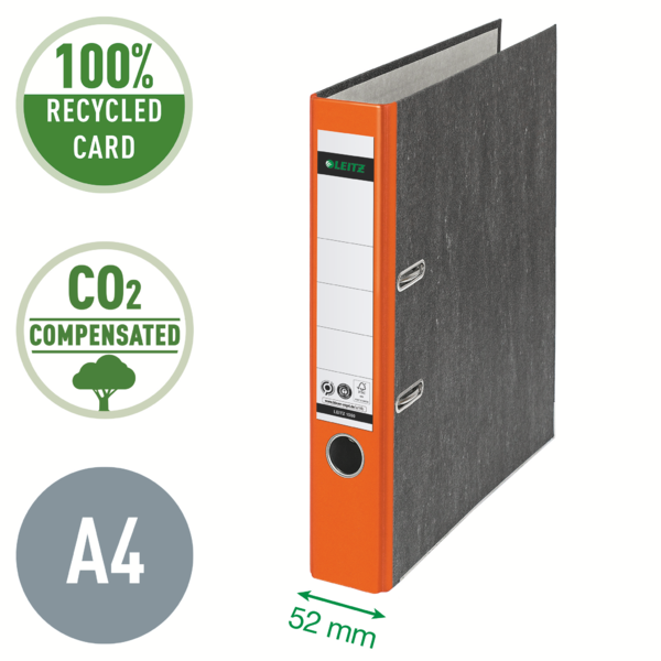Archivador De Palanca Clásico Jaspeado 180º Leitz, Co2 Compensado, 100% Cartón Reciclado Naranja