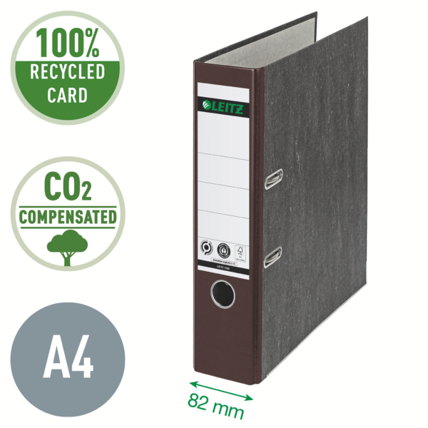 Archivador De Palanca Clásico Jaspeado 180º Leitz, Co2 Compensado, 100% Cartón Reciclado Marrón A4 Lomo: 80 Mm.