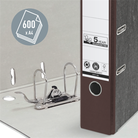 Archivador De Palanca Clásico Jaspeado 180º Leitz, Co2 Compensado, 100% Cartón Reciclado Marrón A4 Lomo: 80 Mm.