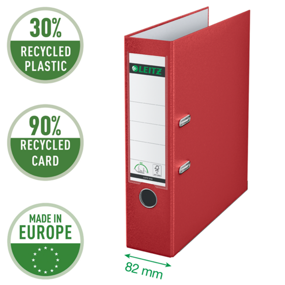 Archivador De Palanca Leitz 180° De Plástico, 90% Cartón Reciclado, 30% Plástico Reciclado Preconsumo Rojo A4 Lomo: 80 Mm.