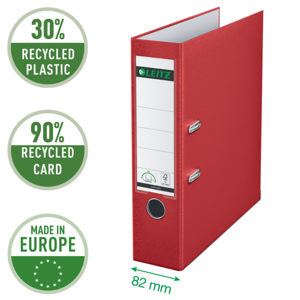 Archivador De Palanca Leitz 180° De Plástico, 90% Cartón Reciclado, 30% Plástico Reciclado Preconsumo Rojo A4 Lomo: 80 Mm.