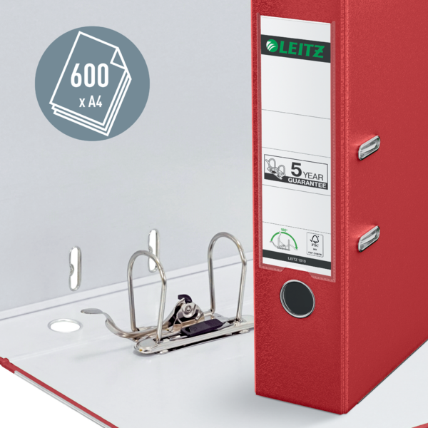 Archivador De Palanca Leitz 180° De Plástico, 90% Cartón Reciclado, 30% Plástico Reciclado Preconsumo Rojo A4 Lomo: 80 Mm.