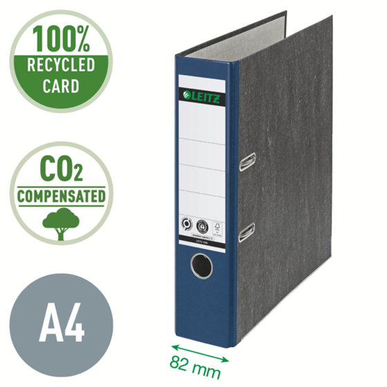 Archivador De Palanca Clásico Jaspeado 180º Leitz, Co2 Compensado, 100% Cartón Reciclado Azul A4 Lomo: 80 Mm.