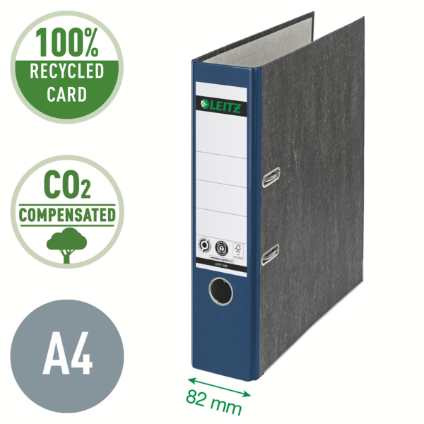 Archivador De Palanca Clásico Jaspeado 180º Leitz, Co2 Compensado, 100% Cartón Reciclado Azul A4 Lomo: 80 Mm.