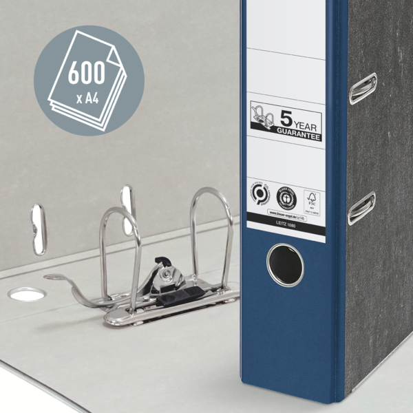 Archivador De Palanca Clásico Jaspeado 180º Leitz, Co2 Compensado, 100% Cartón Reciclado Azul A4 Lomo: 80 Mm.