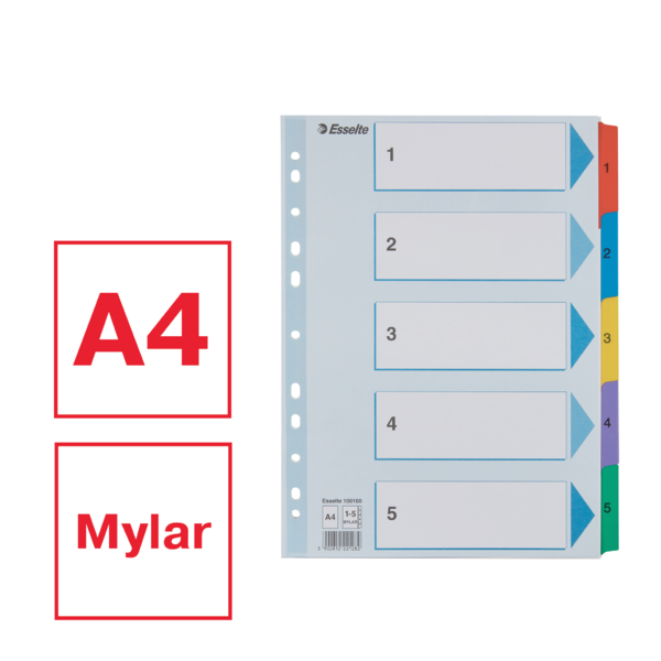 Índice Esselte, De Cartón Con Pestañas Reforzadas Con Mylar, A4 Multicolor 1-5 A4