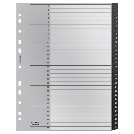 Índice Leitz Recycle, PP, Extra Ancho, Co2 Compensado Negro 1-31 A4 Maxi