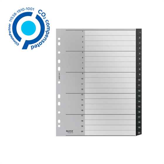 Índice Leitz Recycle, PP, Extra Ancho, Co2 Compensado Negro 1-20 A4 Maxi