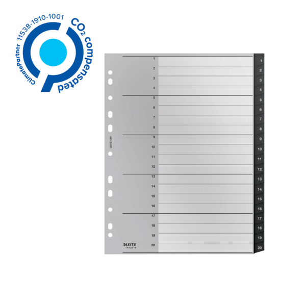 Índice Leitz Recycle, PP, Extra Ancho, Co2 Compensado Negro 1-20 A4 Maxi