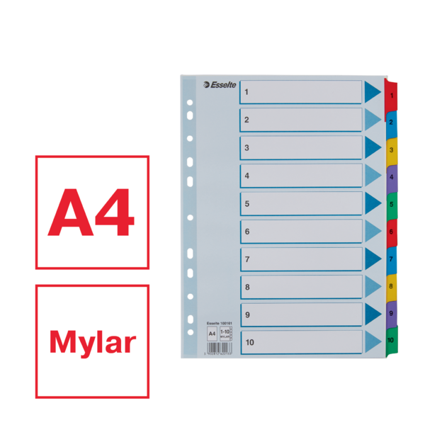 Índice Esselte, De Cartón Con Pestañas Reforzadas Con Mylar, A4 Multicolor 1-10 A4
