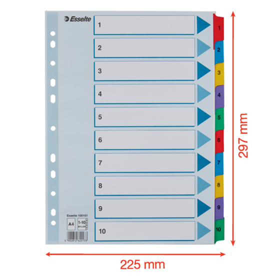 Índice Esselte, De Cartón Con Pestañas Reforzadas Con Mylar, A4 Multicolor 1-10 A4