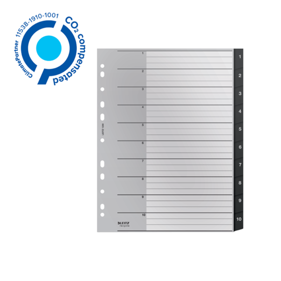 Índice Leitz Recycle, PP, Extra Ancho, Co2 Compensado Negro 1-10 A4 Maxi