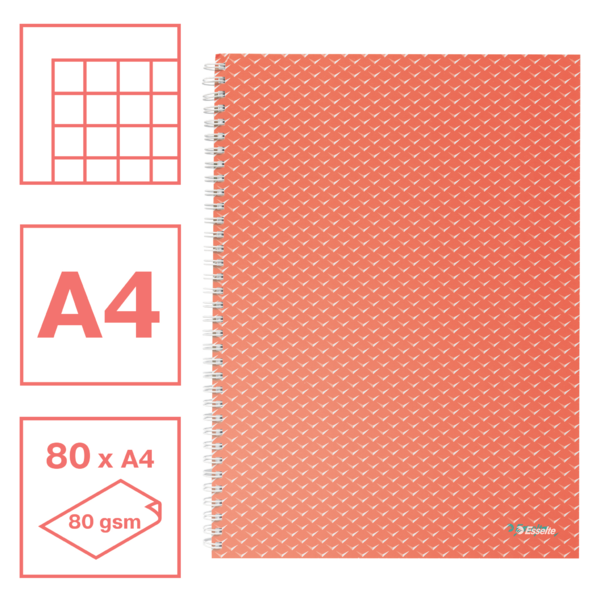 Cuaderno A4 cuadriculado, encuadernado wiro Esselte Colour'Breeze coral 80 H. 80 g.