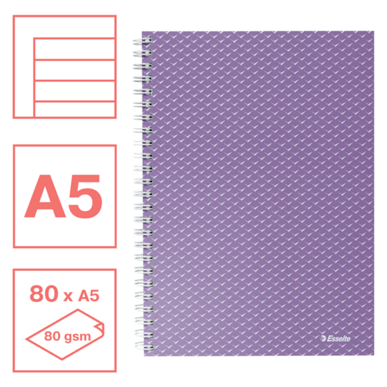Cuaderno A5 con pauta rayada, encuadernado wiro Esselte Colour'Breeze lavanda 80 H. 80 g.