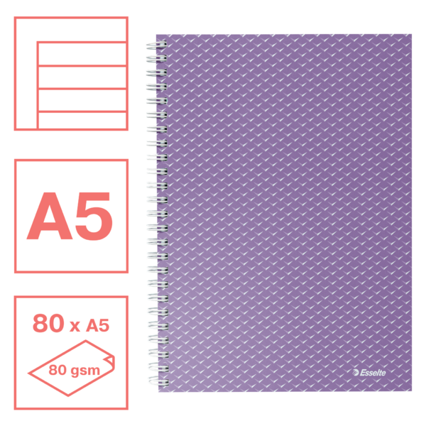 Cuaderno A5 con pauta rayada, encuadernado wiro Esselte Colour'Breeze lavanda 80 H. 80 g.