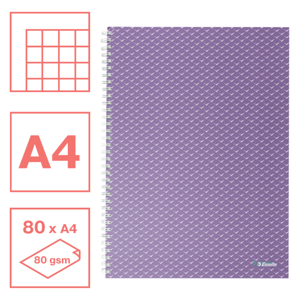 Cuaderno A4 cuadriculado, encuadernado wiro Esselte Colour'Breeze lavanda 80 H. 80 g.