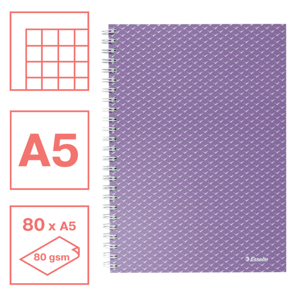 Cuaderno A5 cuadriculado, encuadernado wiro Esselte Colour'Breeze lavanda 80 H. .