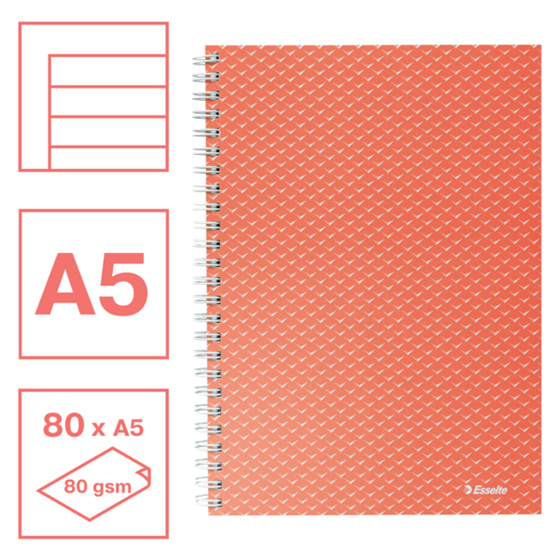Cuaderno A5 con pauta rayada, encuadernado wiro Esselte Colour'Breeze coral 80 H. 80 g.