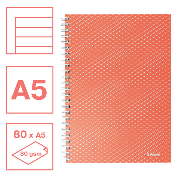 Cuaderno A5 con pauta rayada, encuadernado wiro Esselte Colour'Breeze coral 80 H. 80 g.