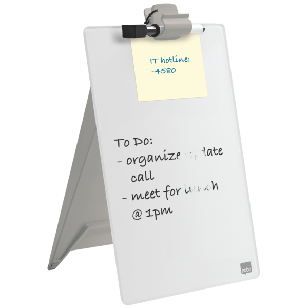 Atril De Sobremesa De Pizarra De Cristal Con Superficie De Borrado En Seco Nobo De 216X297 Mm Blanco Brillante