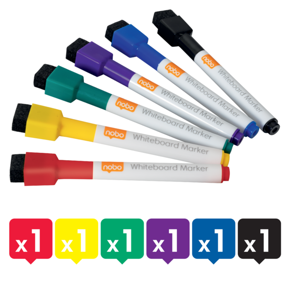 Mini Rotulador Para Pizarra Blanca Nobo Con Tapa De Borrador Magnética, Paquete De 6 Colores Surtidos. Surtidos