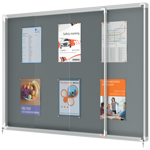 Vitrina Nobo Premium Plus De Puerta Corredera Con Fondo De Fieltro 18Xa4 Hojas, Azul Gris